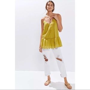 Anthropologie Let me be chartreuse green/yellow Lace Trim Tank Top
